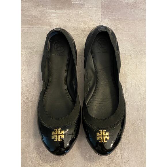 Tory Burch Flats Womens 8M Black Patent Leather Gold Tone Logo Ballet - Picture 2 of 11